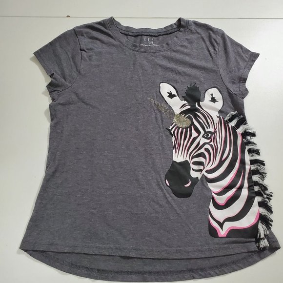 CRB Girls Glitter Zebra Unicorn Grey T-shirt Top Size XL 18 w/ 3D Embellishment - Picture 1 of 4